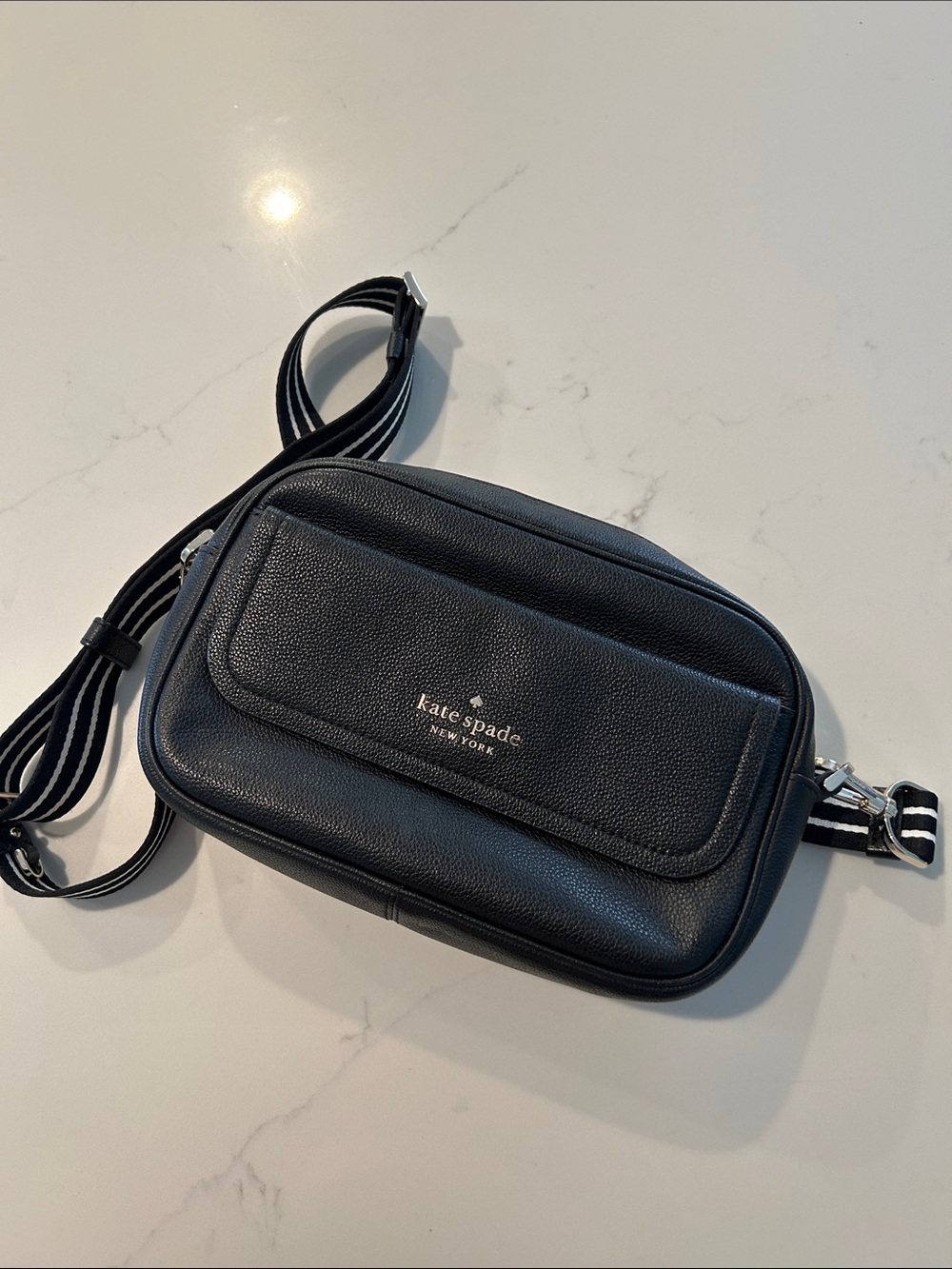 kate spade black leather camera crossbody with striped strap